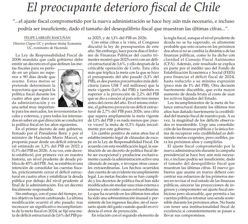 La columna de <a href="/felipelarrain/">Felipe Larraín B.</a> de hoy es para guardarla. Explica con peras y manzanas el deterioro fiscal que deja el Gobierno de Boric. Un desastre que como <a href="/maxcolodro/">Max Colodro ‎מָקס</a> expresó tiene más de estrategia política que de solo incompetencia.