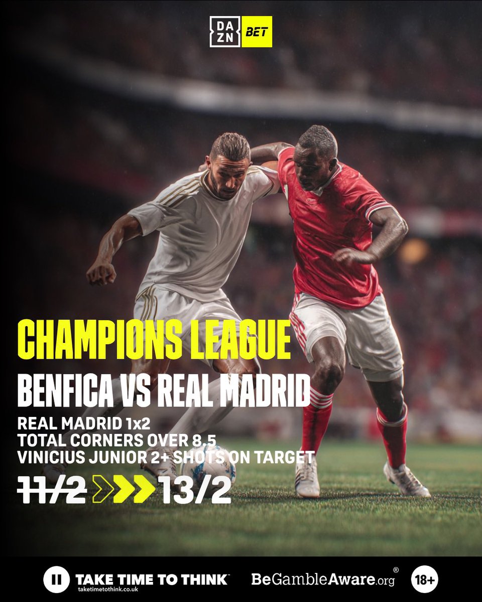 🇪🇺Champions League 

⚽️Benfica 🆚 Real Madrid
🗓️Today, 17 February.

📲Go to DAZN Bet and check the odds.

🔗shorturl.at/DStkk

#dazn #daznbet #championsleague #benfi̇ca #realmadridcf