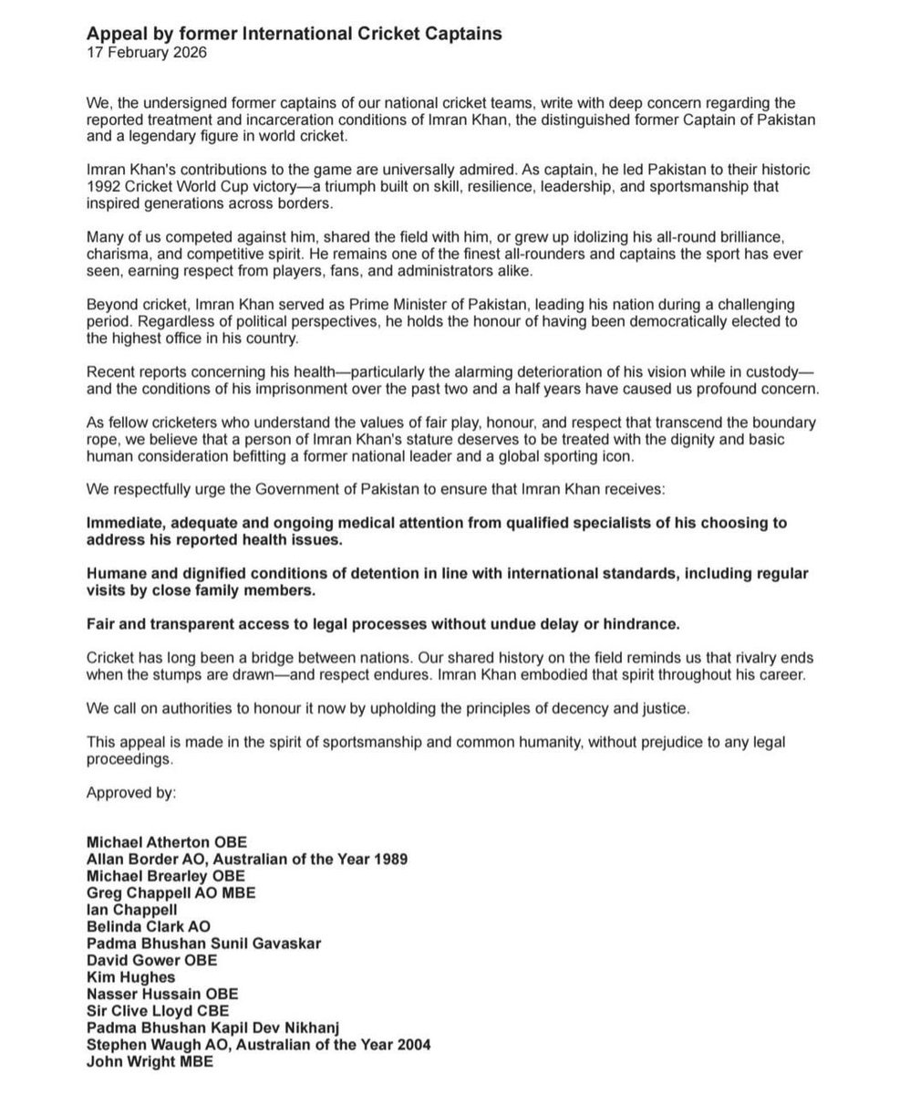 SaimaMohsin's tweet photo. #ImranKhan : Former international #cricket Captains including @Athersmike @nassercricket
#AllanBorder #SunilGavaskar #KapilDev #DavidGower & #SteveWaugh appeal to the #Pakistan government for better treatment & justice for @ImranKhanPTI amid serious fears for his health https://t.co/hbOthu4o7m