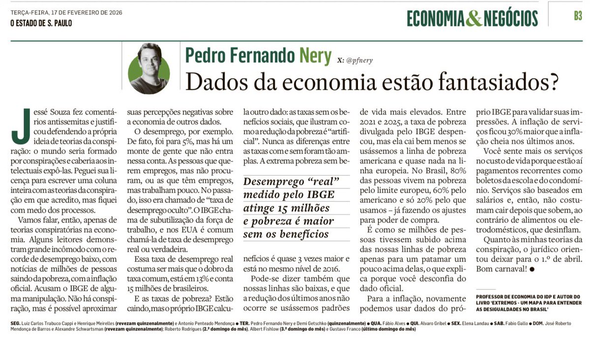 Em pleno carnaval, <a href="/pfnery/">Pedro Fernando Nery</a> explica como a taxa de desemprego e os dados de pobreza no Brasil 🇧🇷 são mascarados. 🎊🎭

“Pessoas que querem empregos, mas não procuram, ou as que têm empregos, mas trabalham pouco. No passado, isso era chamado de ‘taxa de desemprego oculto’. O IBGE