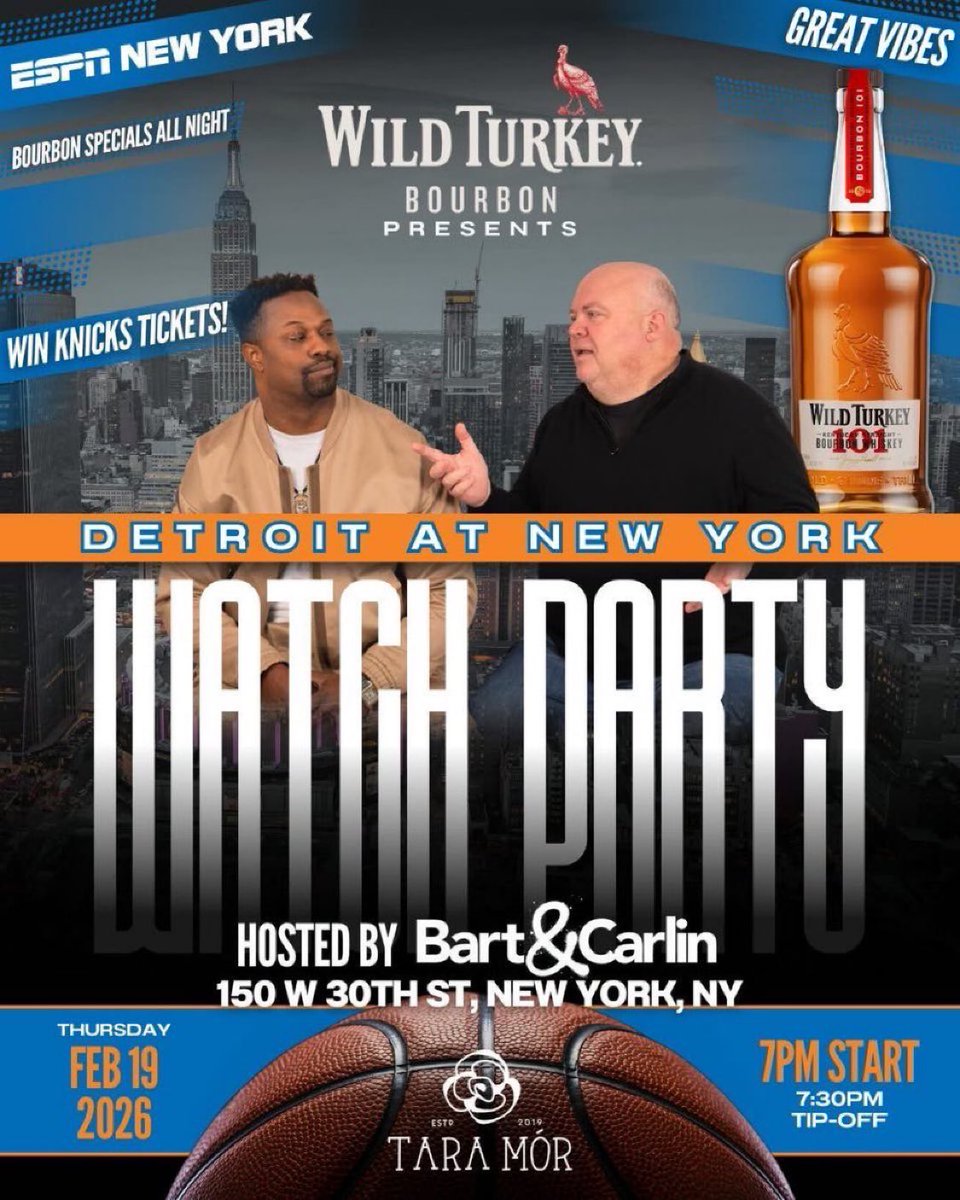 ESPNNewYork's tweet photo. 🚨@BartAndCarlin WATCH PARTY ‼️

Join @BartAndCarlin, @WildTurkey and #TeamESPN for a New York vs. Detroit Basketball Watch Party - Thursday, February 19th - with @BartScott57 &amp; @ChrisCarlin!

WHERE: @TaraMorNYC (150 W 30th Street, New York, New York)

ALL STARTING AT 7:00PM! https://t.co/N61zOzlvS1