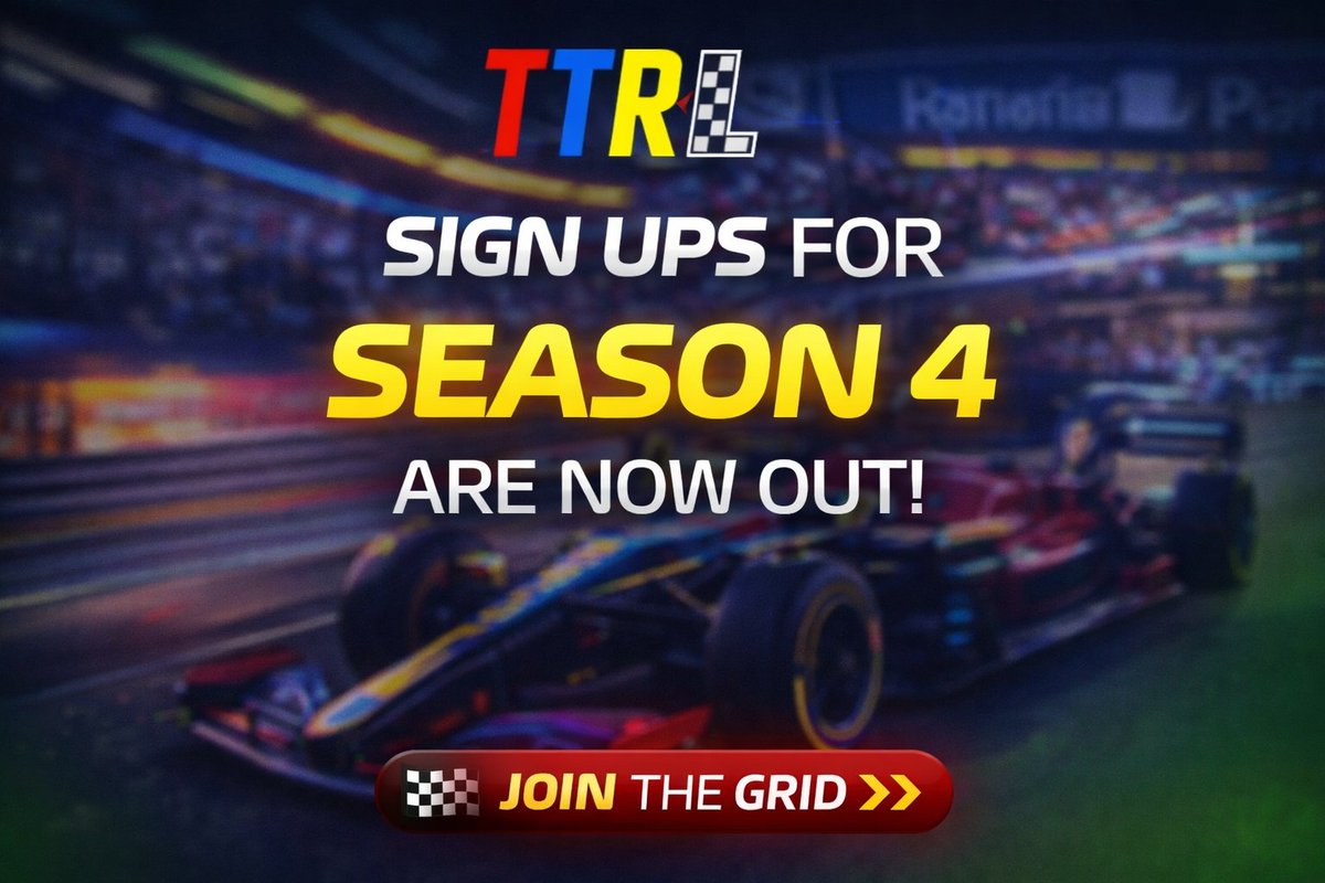 TTRLF1Racing's tweet photo. As we approach the final race of the season in our respective tiers...

Now is the perfect time to announce our sign-ups for season 4 are out now!

Get signed up today at: https://t.co/MuVgDJjuXw

Don't miss another awesome season of racing!🏁👀 https://t.co/Oq3KbZVcQf