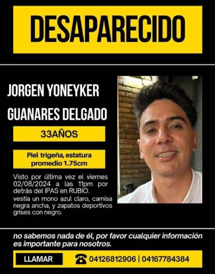 Denuncian desaparición forzada de Jorgen Yoneyker Guanares Delgado 

El joven es de Rubio, estado Táchira, y permanece en desaparición forzada tras la elección presidencial del #28Julio. Trabajó en una de las mesas electorales por la oposición 

Su familia lo buscó en los centros