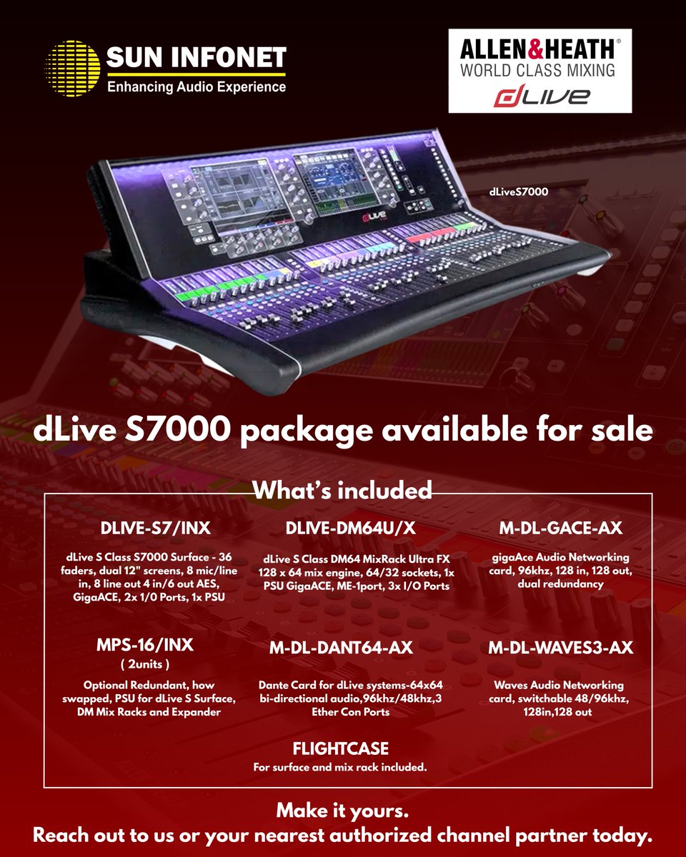 SunInfonetAudio's tweet photo. Ready to elevate your console workflow?

Get your dLive S7000 package from Sun Infonet or your trusted channel partner today.

#console https://t.co/SC2OLLnbeg