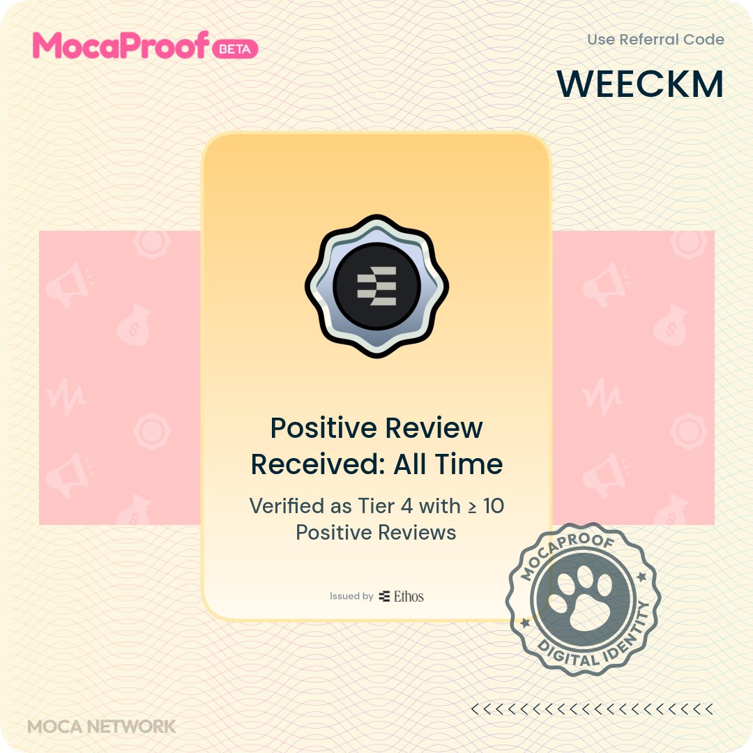 Just claimed my Positive Review Received: All Time credential on-chain ✅

Build your identity, collect your own credential proof, and get rewards on MocaProof → app.moca.network/r/WEECKM
