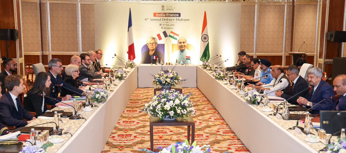 DefProdnIndia's tweet image. Raksha Mantri Shri Rajnath Singh and Minister of the #ArmedForces and Veterans Affairs of France Ms Catherine Vautrin co-chaired the 6th India-France Annual Defence Dialogue in #Bengaluru, Karnataka on February 17, 2026. 

🔷 The two Ministers discussed a range of bilateral
