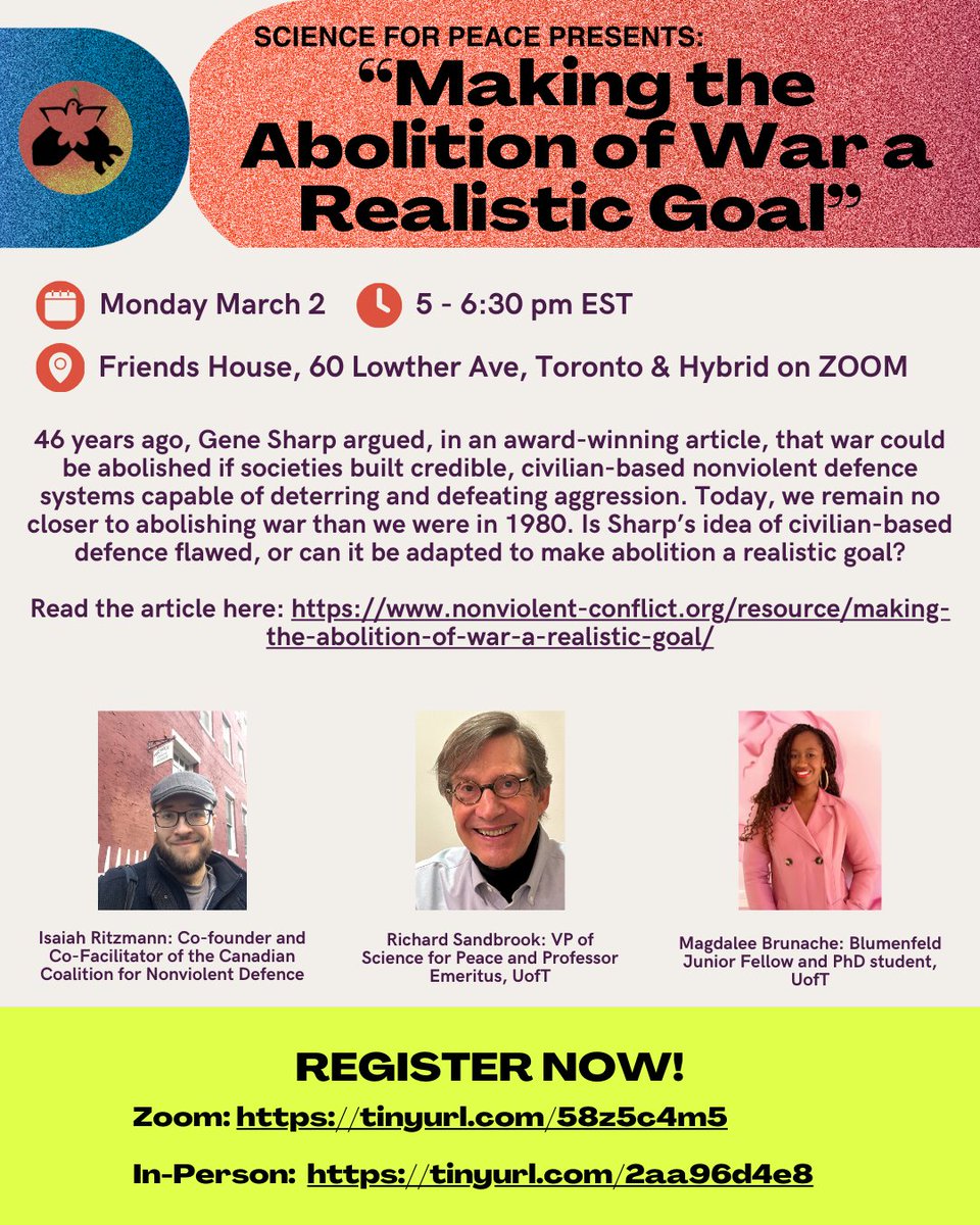 ScienceforPeace's tweet photo. Can we make the abolition of war a realistic goal?

Register for this panel (Zoom or in-person) for reflections on this key issue, at https://t.co/XwN4mevNPs under events. March 2nd. https://t.co/0ForQaapy3