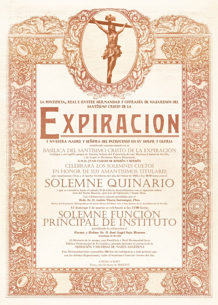 ⚫ 𝐒𝐨𝐥𝐞𝐦𝐧𝐞 𝐐𝐮𝐢𝐧𝐚𝐫𝐢𝐨 𝐞𝐧 𝐡𝐨𝐧𝐨𝐫 𝐚𝐥 𝐒𝐚𝐧𝐭𝐢́𝐬𝐢𝐦𝐨 𝐂𝐫𝐢𝐬𝐭𝐨 𝐝𝐞 𝐥𝐚 𝐄𝐱𝐩𝐢𝐫𝐚𝐜𝐢𝐨́𝐧 𝐲 𝐍𝐮𝐞𝐬𝐭𝐫𝐚 𝐌𝐚𝐝𝐫𝐞 𝐲 𝐒𝐞𝐧̃𝐨𝐫𝐚 𝐝𝐞𝐥 𝐏𝐚𝐭𝐫𝐨𝐜𝐢𝐧𝐢𝐨

📆 Del 24 al 28 de febrero.
✝️ Función Principal el 1 de marzo.
🗣️ Predica: Rvdo.