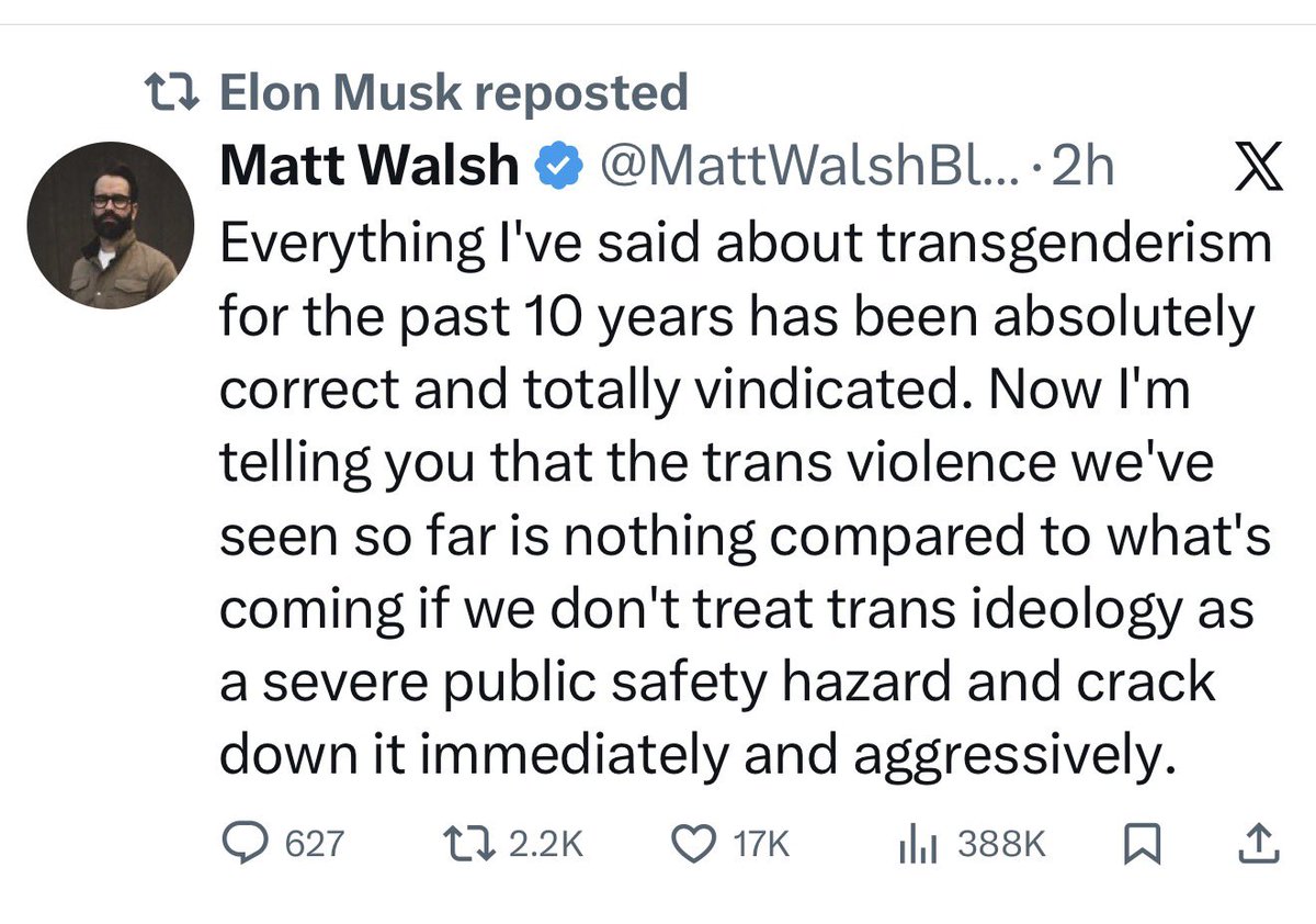 BriannaWu's tweet photo. I shouldn’t admit this, but this is the richest man in the world amplifying calls to eliminate a minority group from public life. 

I feel like no matter what I say or do it’s not gonna change the outcome. Which is trans people being vilified and being socially and legally eliminated. 

I’m really thinking a lot lately about changing my name, deleting all social media, getting an office job and never mentioning being trans again.