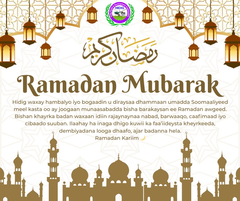hidigngo's tweet photo. Hambalyo Dhamaan ummada Muslimiinta ah, gaar ahaan ummada Somaaliyeed waxaa idinku Hambalyeena Bilashada Bisha Barakeysan ee Ramadaan, alle ha inaga dhigo kuwii ka faai’deysta Barakadeda iyo Ajarkeda Amiin Amiin https://t.co/hq26arBt85