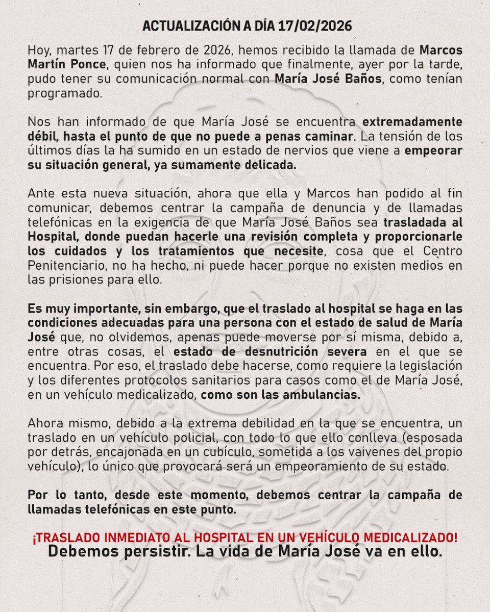 PabloHasel's tweet photo. 🔴 DIFUNDE 📢 
ACTUALIZACIÓN 17/02/2026
Mª José Baños se encuentra extremadamente débil, no puede a penas caminar. La tensión de los últimos días la ha sumido en un estado de nervios que empeora su situación general, ya sumamente delicada.

🔗 https://t.co/Vb0c0PDgMQ https://t.co/0WAgFFfdH6