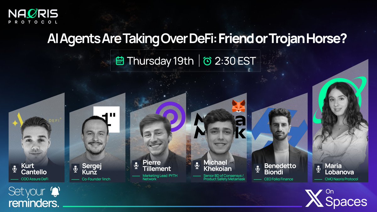 NaorisProtocol's tweet image. 🚨 X Spaces Alert | AI Agents Are Taking Over DeFi: Friend or Trojan Horse?

AI agents are moving onchain. Managing capital, executing trades and interacting with protocols in real time.

Are Crypto &amp;amp; DeFi infrastructure ready?

Join @NaorisProtocol x @MetaMask x @1inch x