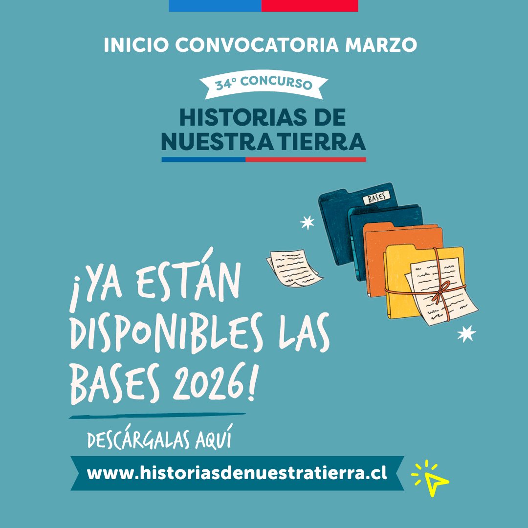 📚✨ ¡Ya están disponibles las bases del concurso #HistoriasdeNuestraTierra 2026!

Si te gusta escribir y rescatar tradiciones, este es el momento de revisarlas y comenzar a preparar tu obra de cara a la convocatoria que inicia en marzo.

Descárgalas en 👉 historiasdenuestratierra.cl