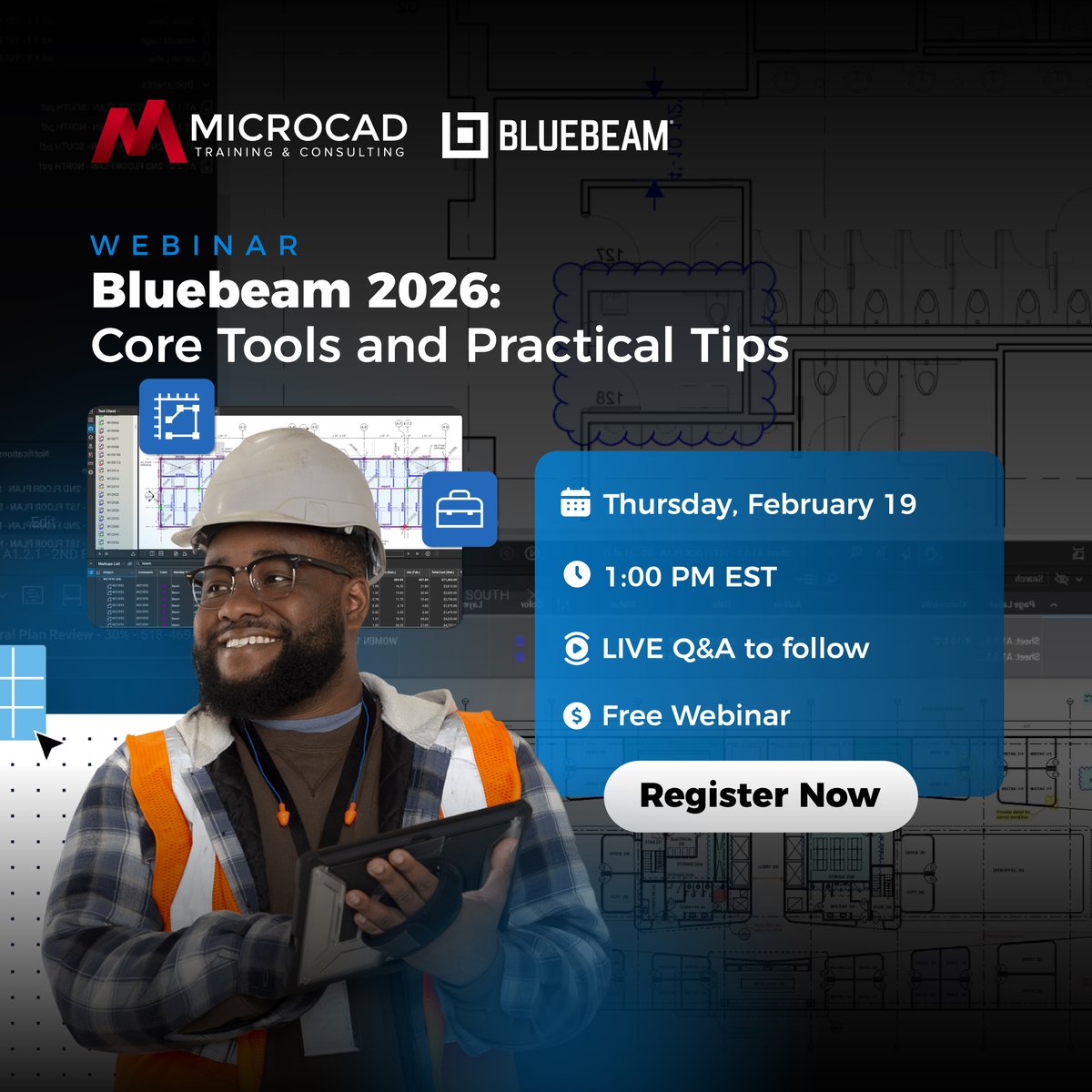 MicroCAD3d's tweet photo. Ready to level up your Bluebeam skills in 2026?

Join us for a free, practical webinar where we’ll walk through the core tools every user should know, plus real-world tips to make markups, measurements, and collaboration faster and easier.

Register now: https://t.co/OESxKi0uha https://t.co/21aRJcHoNl