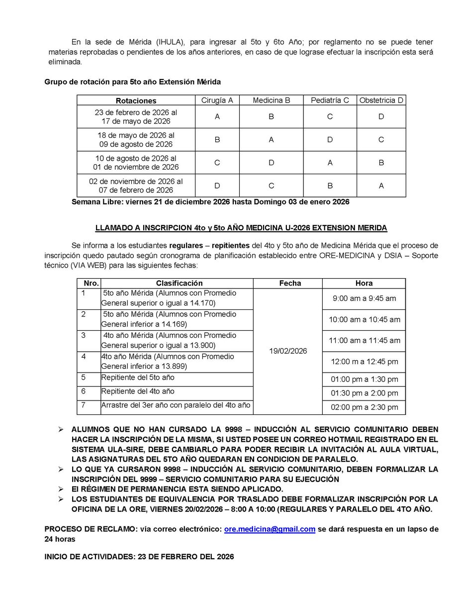 Llamado de inscripción del 4to y 5to año Medicina Extensión Mérida U2026