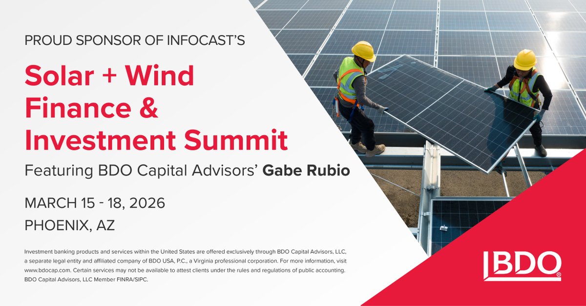 BDO_USA_Tax's tweet photo. Attending @Infocast_events' Solar + Wind Finance &amp; Investment Summit? Don't miss the panel, Tax Credit Monetization &amp; Project Execution: Strategies for Working within OBBB Act Timelines," featuring BDO Capital Advisors' Gabe Rubio. Details here: https://t.co/gZgNPi7ZqY https://t.co/9gC79tntgt