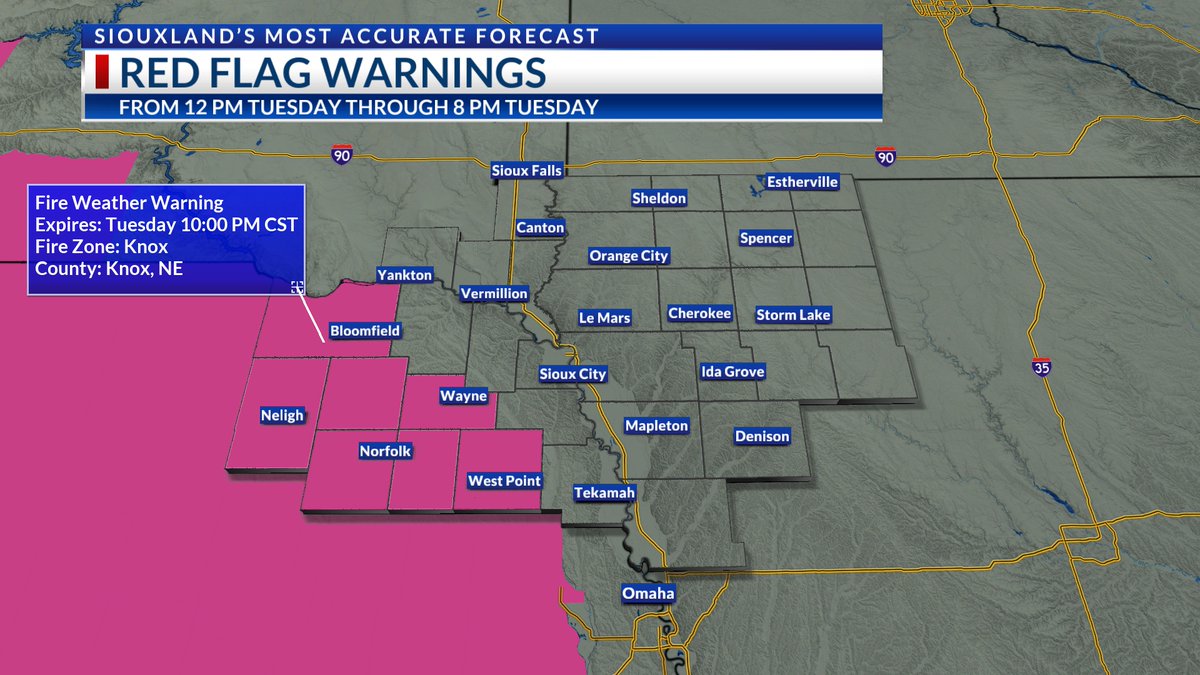 Red Flag Warnings have been expanded further north in NE Nebraska, through Knox &amp; Wayne counties. Expiration time has been extended as well, through 10 PM tonight (Tuesday night)