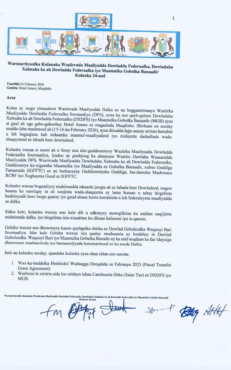 AHHirad's tweet photo. Historic Welcome to the Northeastern State of Somalia (NES)!

1. The ministerial meeting of Intergovernmental Fiscal Federalism warmly celebrates the long-awaited full participation of the Northeastern State as Somalia.

2. For far too long, the proud and resilient communities of NES have been excluded, marginalised and denied their rightful place in national decision-making and development. Today that chapter ends. Their voices, needs and aspirations are now fully at the federal table.

3. The Council has welcomed the participation of the Northeastern State of Somalia in the meeting and has reaffirmed the importance of ensuring that the NES and the Banadir Regional Administration benefit from all development projects and programs in the country.

4. This milestone is sealed by a clear, transparent fiscal transfer formula for the distribution of budget support to all Federal Member States — a formula acceptable to every member and marking a major step toward equitable, predictable and fair resource sharing.

5. The NES will now benefit from:  
✅ Recurring Cost Recovery Financing (RCRF) — ensuring sustainable financing for salaries, operations and essential services  
✅ Somalia Enhancing Public Resource Management Project (SERP) — strengthening public financial management, domestic revenue mobilisation and institutional capacity across the board  

6. Unity is not just a slogan — it is now being built with concrete fiscal inclusion and development opportunities for every Somali.