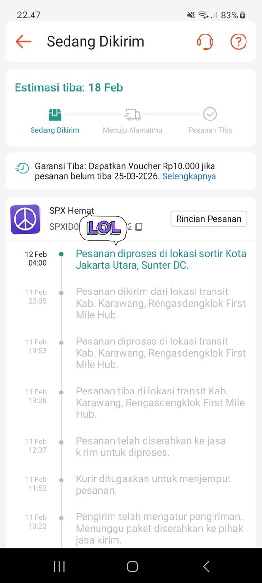 cookiessdocx's tweet photo. gimana ini paket gak gerak stuck di sunter dc udah 6 hari, mana estimasi yang awal nya 16 februari jadi 18 februari @ShopeeID https://t.co/dCcaffllfv