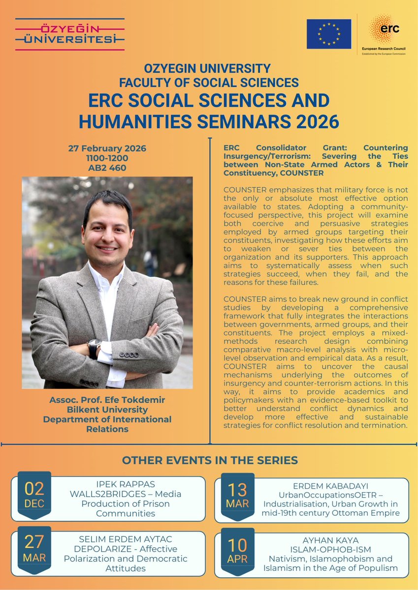 AkinUnver's tweet photo. Özyeğin University Department of International Relations is very active this year :)

Last semester, we launched "ERC Social Sciences and Humanities Seminars" to bring some of the most brilliant streams of research initiated within Turkish universities in ERC's SH-range.

The second talk in this series will feature @efetokdemir and his ERC Consolidator Project - COUNSTER. https://t.co/IHjKtrqnzA

Stay tuned for other upcoming ERC talks!