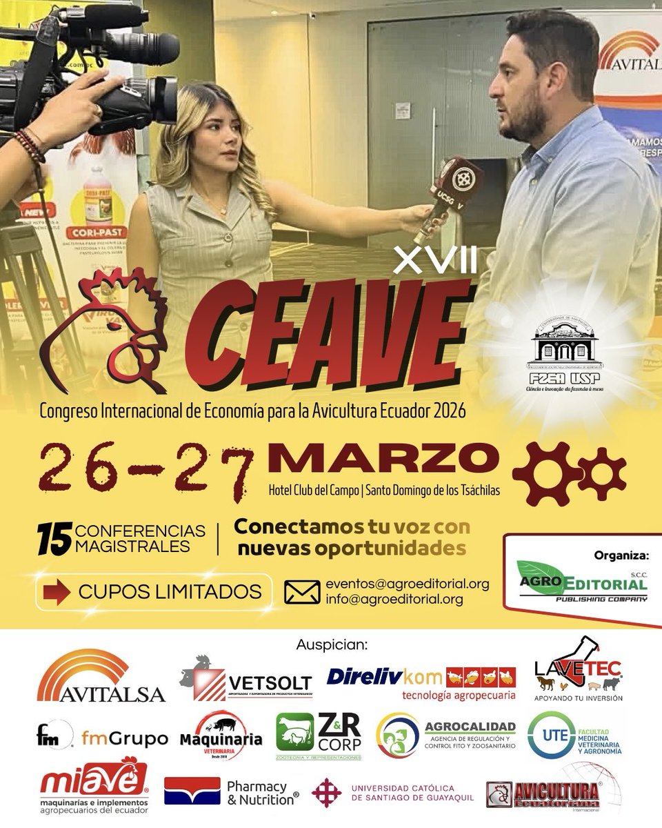 Conectamos y ampliamos tu red de forma segura, convocando a los productores que quieres conocer.

📅 26 y 27 de marzo
📍 Hotel Club del Campo – Santo Domingo de los Tsáchilas

👉 Reserva tu cupo: eventos@agroeditorial.org
⚠️ ¡Cupos limitados!

#CEAVE2026 #AviculturaEcuatoriana