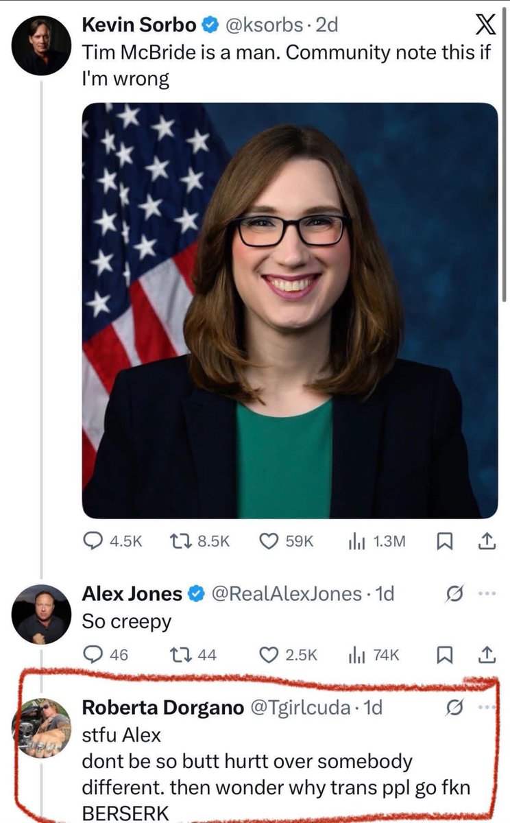 Alladinumar's tweet image. BREAKING: The Rhode Island trans shooter tweeted YESTERDAY warning that you shouldn’t point out that “trans women” are really men or they will go “berserk.”

Jones was responding to actor Kevin Sorbo’s X post that simply said Congressman “Tim McBride is a man”.