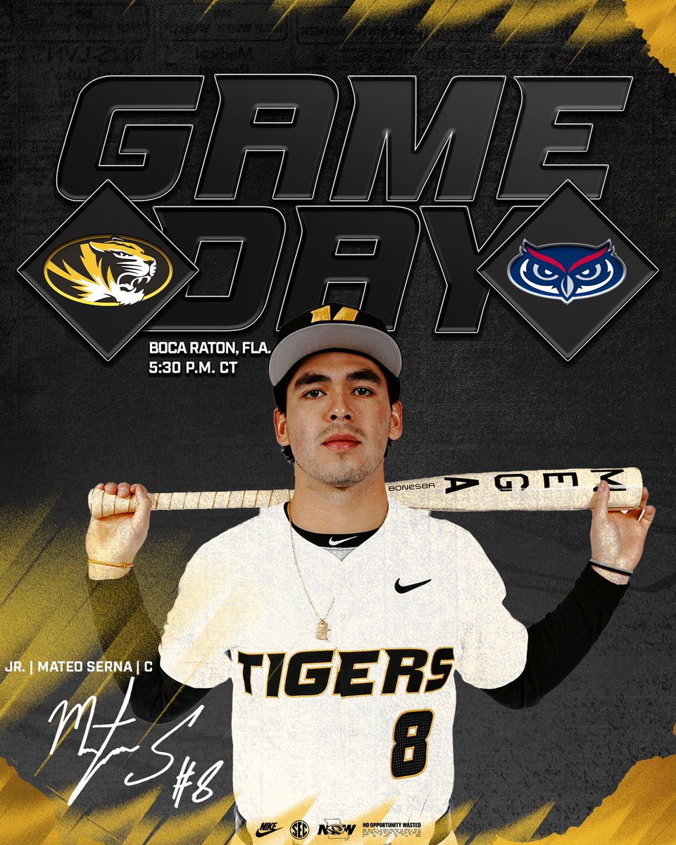 Midweek in Boca 🏝️

🆚 Florida Atlantic
⏰ 5:30 P.M. CT
🏟️ FAU Baseball Stadium
📍 Boca Raton, Fla.
💻 bit.ly/3MixsmK
📻 bit.ly/46BxOvs
📊 bit.ly/4kJtRe6

#MizzouNOW