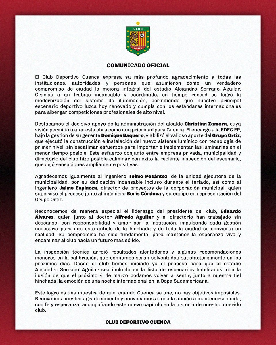 COMUNICADO OFICIAL

Cuando Cuenca se une, los objetivos se cumplen ✅

Seguimos construyendo el futuro de nuestro club 🔴⚫