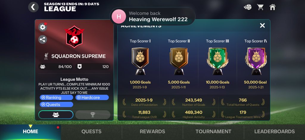 🚨SQUADRON SUPREME LEAGUE🚨

✅WE ARE RECRUITING 120+ OVR PLAYERS WHO CAN PLAY TURNS DAILY AND CONRTIBUTE TO ATLEAST 2000 ACTIVITY POINTS EVERY SEASON

⭐️LEAGUE PERKS👇🏻
🔸10K GEMS💎 WEEKLY
🔸LVL 100 REWARDS EVERYTIME
🔸AMAZING INTRA LEAGUE MATCHES
🔸COMMON GC ON TWITTER

✅THOSE