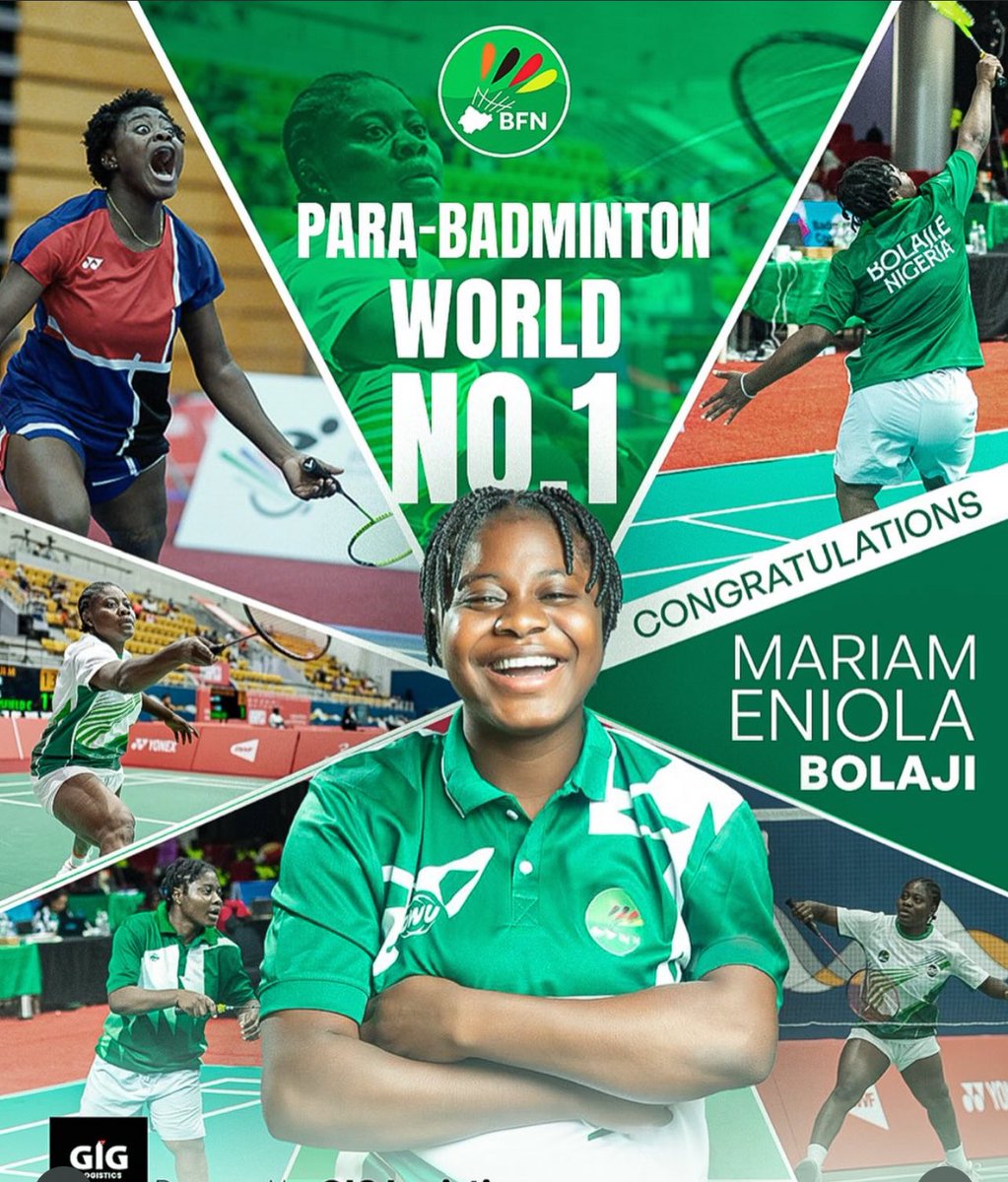 👏👏The first Nigerian to become the world number 1 in Badminton!!

Nigeria's Eniola Bolaji has achieved a remarkable milestone, climbing up to the number 1 spot in women's SL3 Badminton event, and becoming the highest ranked player in the world.

Bolaji usurped Indonesia's