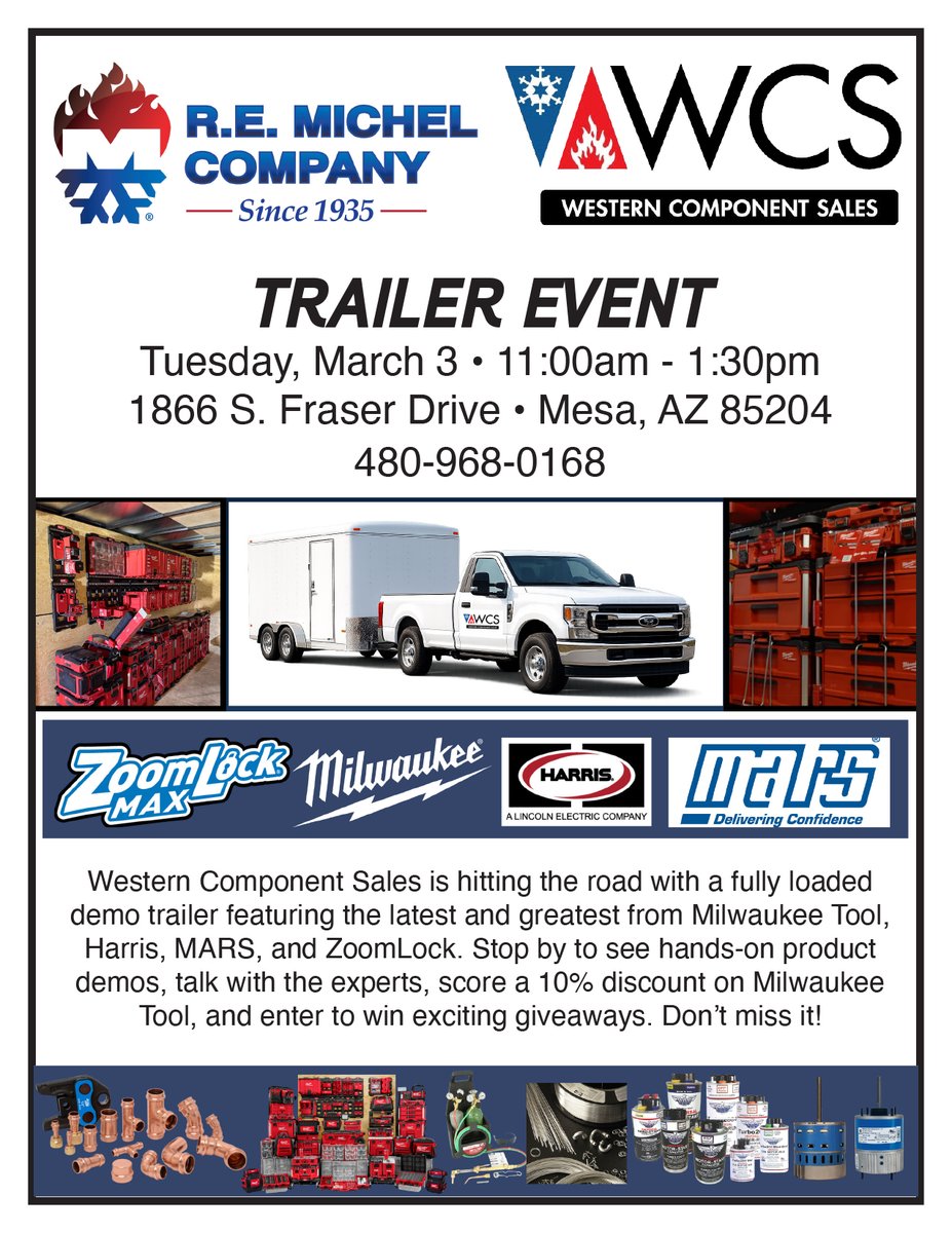 Western Component Sales is hitting the road with a fully loaded demo trailer featuring the latest and greatest from Milwaukee Tool, Harris, MARS, and ZoomLock!

Get hands-on with top products, see live demos, and connect with the experts!