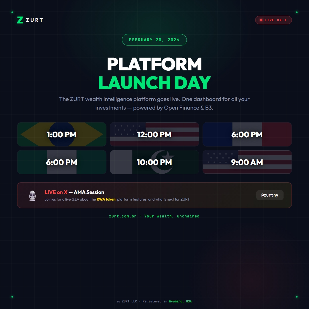 zurtny's tweet photo. 🎙️ LIVE AMA — Feb 20th on @zurtny

Platform launch day = your chance to ask us anything.

Topics:
→ $ZURT RWA token & 20% revenue share
→ Platform demo & Open Finance integration
→ Roadmap & what's coming next

🇧🇷 1PM | 🇺🇸 12PM EST | 🇫🇷🇳🇬 6PM | 🇵🇰 10PM

Set your reminder. See you there 👇