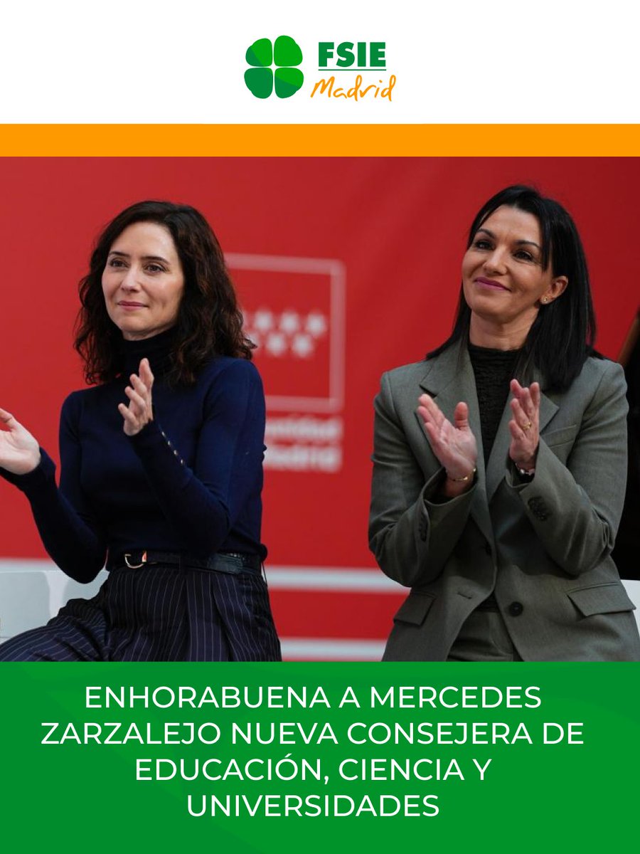 📌 ACTUALIDAD | FSIE Madrid traslada su enhorabuena a Mercedes Zarzalejo Carbajo por su nombramiento como Consejera de Educación, Ciencia y Universidades de la <a href="/ComunidadMadrid/">Comunidad de Madrid</a>.
Carta de bienvenida de nuestro Secretario General 
➡️fsiemadrid.es/noticias/conse… 
#FSIEMadrid #somosFSIE