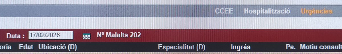 17/02/2026
202 pacients a Urgències de l'Hospital del Mar 
55 superen les 24 hores 
El més antic supera les 100 hores
Pacient de 89 anys, supera les 79 hores
87 anys, 68 hores
93 anys, 51 hores
Cap d'ells és familia de gerents i gestors de <a href="/govern/">Govern de Catalunya</a> i <a href="/salutcat/">Salut</a>