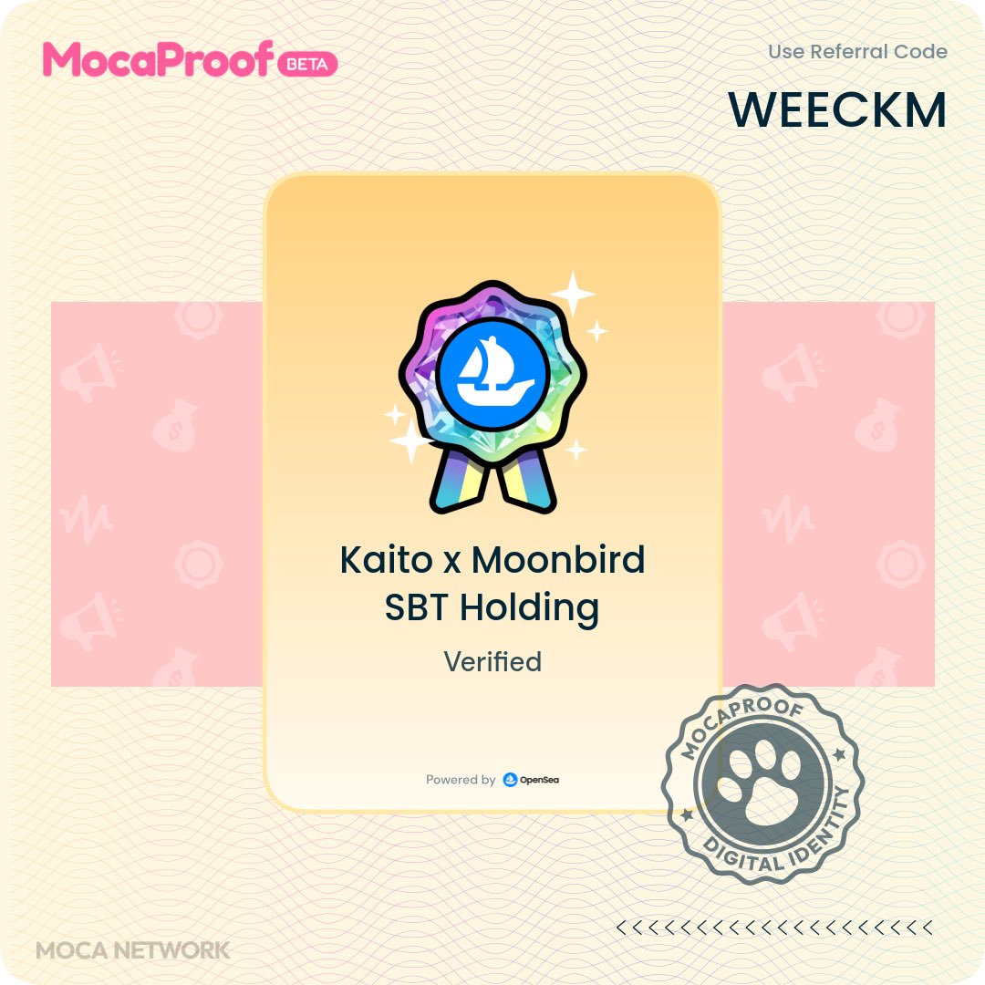 Just claimed my Kaito x Moonbird SBT Holding credential on-chain ✅

Build your identity, collect your own credential proof, and get rewards on MocaProof → app.moca.network/r/WEECKM