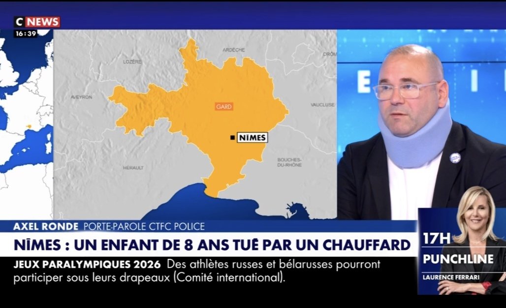 AxelRonde's tweet image. Sur le plateau de #CNews, je suis revenu sur le drame survenu à #Nîmes : la mort tragique d’un enfant de 8 ans, écrasé par un chauffard de 17 ans qui n’a même pas eu le courage de s’arrêter et a préféré fuir comme un lâche.
#CFTC #Police #FDO #Pissevin