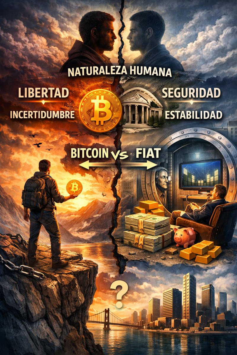 adgner's tweet photo. “La mayoría no quiere libertad… quiere seguridad sin responsabilidad. ¿Bitcoin expone esa verdad?”
#bitcoin #libertadparatodos #seguridadeconomica #fiat #responsabilidad #autocustodia #nodos #mineria

“Bitcoin depende del ciudadano. Si pierde las claves, es su culpa.
Sí.
Y eso incomoda.
Bitcoin traslada la responsabilidad del banco al individuo.
En el sistema tradicional:
El banco custodia.
El gobierno respalda (hasta cierto punto).
Hay seguro de depósitos.
Si el banco quiebra, puede haber rescate.
Eso da sensación de seguridad.
Pero esa seguridad tiene un costo:
No controlas realmente tu dinero.
Pueden congelarte la cuenta.
Pueden limitar transferencias.
Pueden inflar tu moneda.
Es comodidad vs soberanía.

¿Por qué el Estado rescata bancos?
No es altruismo.
Es estabilidad sistémica.
Si los bancos caen:
Se paraliza el crédito.
Se paraliza la economía.
Hay pánico.
Se rompe la confianza.
El sistema bancario es estructural para el Estado moderno.
Por eso lo protegen.
No porque amen a los bancos.
Sino porque el sistema depende de ellos.

MI OPNION PERSONAL:
“La gente no quiere libertad. Quiere que alguien asuma la culpa.”
La libertad implica:
Responsabilidad.
Riesgo.
Consecuencias.
Muchos prefieren:
Seguridad relativa.
Delegar decisiones.
Culpar al sistema cuando algo sale mal.

"Bitcoin te quita esa excusa".
Si pierdes tus claves:
No hay servicio al cliente.
No hay rescate.
No hay papá Estado.
Eso asusta.

¿La gente realmente quiere libertad financiera?
No todos.
Muchos quieren estabilidad.
Muchos quieren previsibilidad.
Muchos quieren que alguien gestione por ellos.
Eso no es estupidez.
Es preferencia psicológica.
Bitcoin es exigente.
No es cómodo.
No es para quien quiere cero responsabilidad.

¿Por qué algunos gobiernos no son amigables con Bitcoin?

Porque:
Reduce control de capital.
Reduce capacidad de sanción financiera.
Reduce monopolio monetario.
Reduce eficacia de inflación como herramienta.
El poder monetario es una herramienta política.
Bitcoin limita esa herramienta.
No sorprende que haya resistencia.
Ahora viene lo más equilibrado
Ni todo banco es enemigo.
Ni todo Estado es opresor.
Ni todo bitcoiner es libertador
Hay puntos intermedios.

Muchos ciudadanos no están preparados para autocustodia total.
Muchos necesitan intermediarios.
Por eso probablemente el futuro no sea:
“Todo Bitcoin sin bancos.”
Sino algo híbrido:
Autocustodia para quien quiera soberanía.
Custodia institucional para quien quiera comodidad.
Sistemas paralelos coexistiendo.

Libertad con responsabilidad vs seguridad con dependencia
Aquí hay una tensión fundamental en la condición humana.
Libertad implica:
Decidir por ti mismo.
Asumir consecuencias.
No tener red automática de rescate.
Gestionar riesgo.
Ejemplo Bitcoin:
Si pierdes tus llaves → es tu responsabilidad.
Ejemplo emprendimiento:
Si tu negocio fracasa → es tu responsabilidad.
La libertad amplifica resultados.
Para bien o para mal.
Seguridad implica:
Delegar decisiones.
Delegar custodia.
Delegar protección.
Reducir incertidumbre.
Ejemplo banco:
Si olvidas tu contraseña → el banco te la restablece.
Ejemplo empleo fijo:
Si el mes fue malo en ventas → igual cobras sueldo.
La seguridad reduce riesgo…
pero también reduce autonomía.
Aquí está el punto psicológico profundo
Muchos dicen que quieren libertad.
Pero lo que realmente quieren es:
Libertad sin incertidumbre.
Y eso no existe.
La libertad real siempre viene acompañada de responsabilidad y riesgo.
Por eso mucha gente, aunque critique el sistema, prefiere:
Sueldo fijo.
Banco tradicional.
Estado protector.
Regulación fuerte.
No porque sean “ignorantes”.
Sino porque el cerebro humano odia la incertidumbre.
La seguridad emocional pesa más que la libertad abstracta.

“Bitcoin no reemplaza, compite”
Un ejemplo empresarial es perfecto.
Cuando aparece competencia:
Obliga a mejorar eficiencia.
Obliga a transparentar.
Obliga a innovar.
Bitcoin no necesita destruir el sistema financiero.
Solo necesita existir.
¿Por qué?
Porque introduce una alternativa.
Y cuando hay alternativa, el monopolio pierde poder.

Ejemplo histórico
Cuando internet apareció:
No reemplazó inmediatamente a la banca.
Pero obligó a digitalizar servicios.
Cuando fintech apareció:
Los bancos tradicionales tuvieron que adaptarse.
Cuando los ETFs de Bitcoin aparecieron:
El sistema financiero tradicional tuvo que integrarlo.
Eso es competencia evolutiva.

Aquí está el punto más estratégico
Bitcoin introduce tres presiones:
Presión sobre la inflación.
Presión sobre la transparencia.
Presión sobre la custodia.
Si un país maneja mal su moneda:
La gente tiene una salida.
Y cuando existe salida, el poder pierde capacidad de abuso absoluto.
Eso cambia el equilibrio.
Ahora la parte incómoda
La mayoría de personas no quiere administrar su propio dinero con total soberanía.
Porque eso implica:
Autocustodia.
Educación financiera.
Gestión de riesgo.
Volatilidad emocional.
Es mucho más cómodo delegar.
Por eso libertad financiera masiva requiere madurez cultural.
Y eso toma generaciones.
Aquí viene la síntesis poderosa
Bitcoin no es solo tecnología.
Es una prueba cultural.
Te pregunta:
¿Quieres control total?
Entonces asume responsabilidad total.
Y eso no es para todos.
Y no está mal......

Te dejo una reflexión final
La verdadera división no es:
Bitcoin vs Fiat.
Es:
Personas que priorizan autonomía vs Personas que priorizan estabilidad.
Ambas decisiones son racionales.
Depende del perfil psicológico y del contexto social.