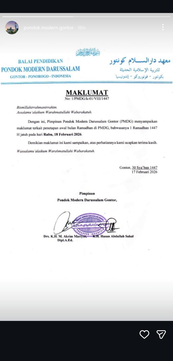Pondok Modern Darussalam Gontor baru saja merilis penetapan awal Ramadhan 1447 H. 

Sepertinya memang menunggu hasil keputusan Saudi.