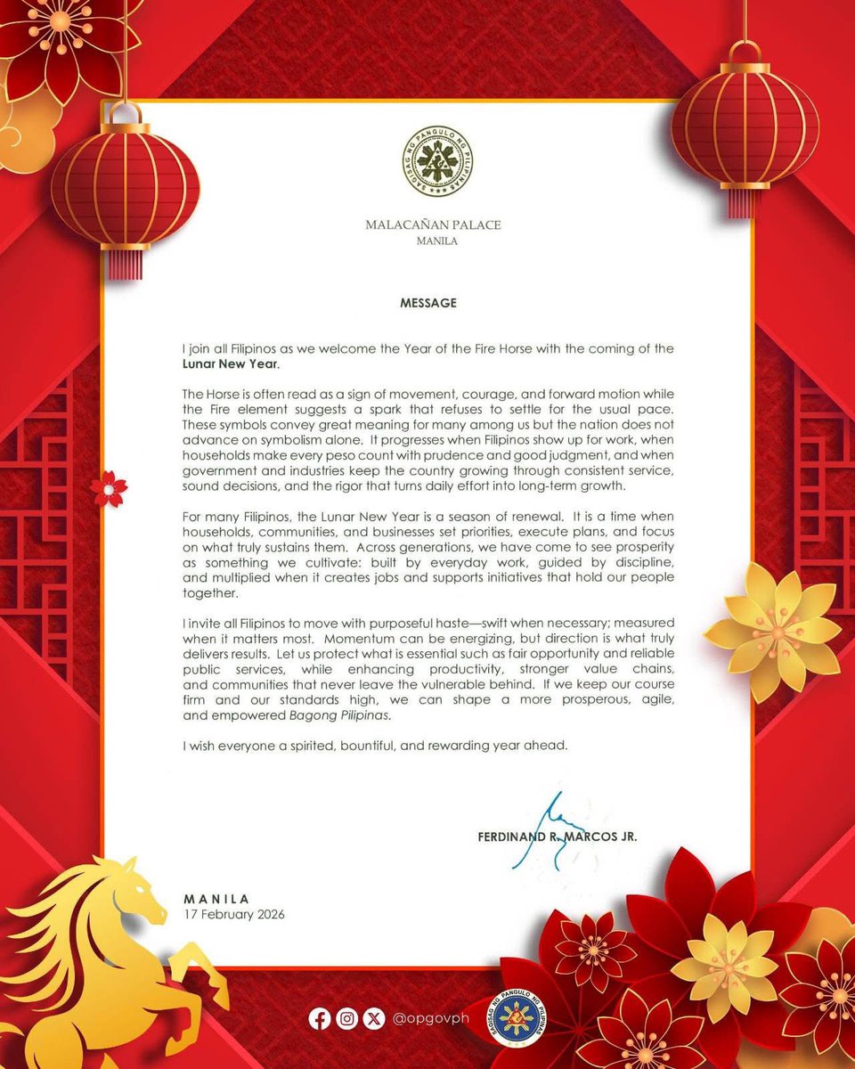 PHinKuwait's tweet image. READ: President Ferdinand R. Marcos Jr. extends his greetings to the Filipino-Chinese community and all Filipinos as they celebrate the Lunar New Year.

#PHinKuwait #FilipinosInKuwait