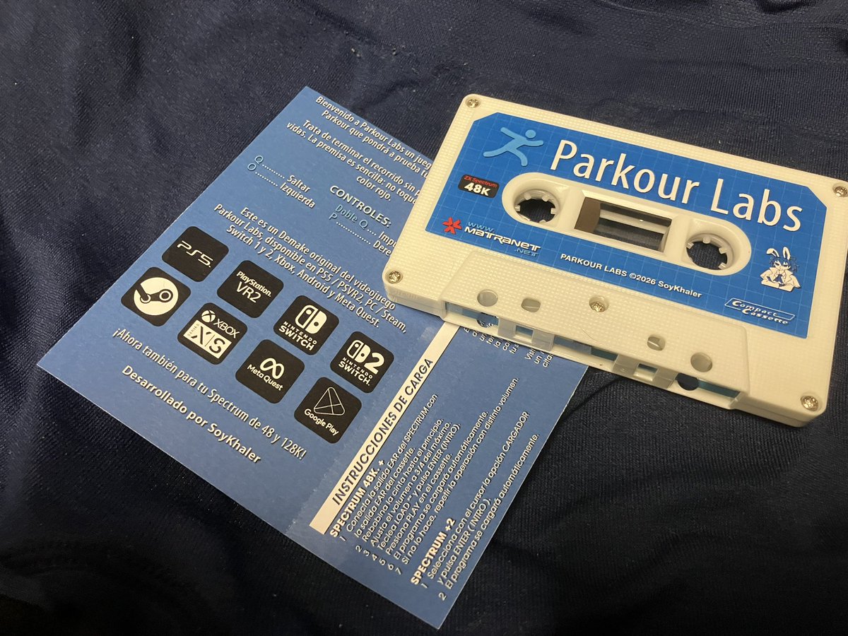 star2024's tweet photo. Vuelve @SoyKhaler con el demake de 'Parkour Labs' [ https://t.co/qkU4jmBPQO], un juegarral disponible en PS5/PSVR2, PC, Switch, Switch 2, Xbox, Meta Quest y Android, ahora en Spectrum de 48/128K para deleite de señoras y señores mayores a los que les gusta las cosas de antes. https://t.co/HZIZRBktCa