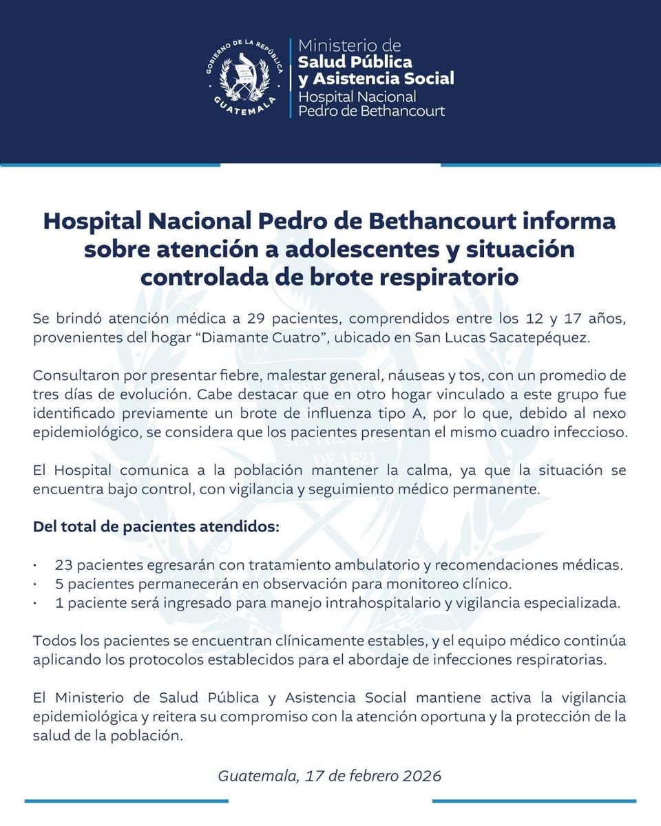 🏥🔎 #SaludGT | El Hospital Nacional Pedro de Bethancourt, a través del Ministerio de Salud Pública, informó que la situación del brote respiratorio registrado recientemente se encuentra controlada.

📑 Las autoridades reiteran su compromiso con la atención oportuna y la