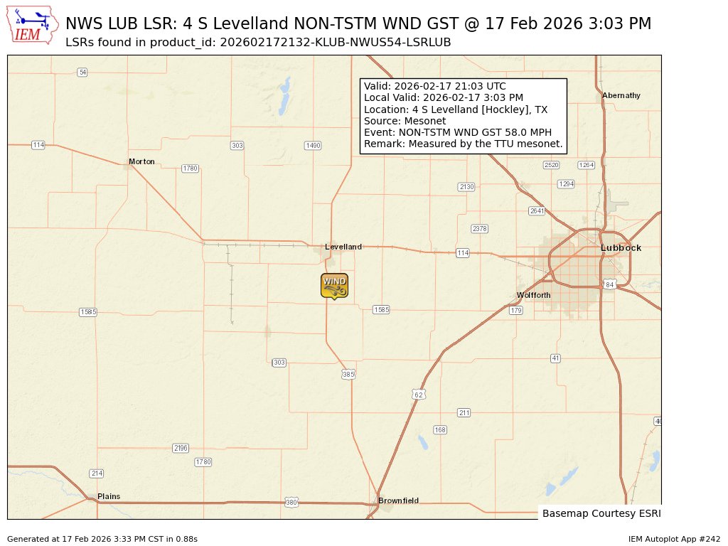 At 3:03 PM CST, 4 S Levelland [Hockley Co, TX] Mesonet reports Non-Tstm Wnd Gst of M58 MPH. Measured by the TTU mesonet. #txwx mesonet.agron.iastate.edu/lsr/?by=wfo&wf…