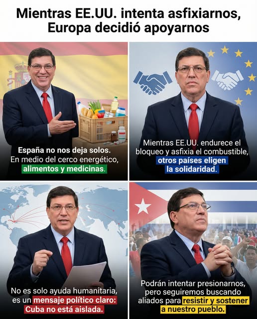 Mientras un pequeño grupo de mal llamados "anticubanos" intentaba empañar la visita del canciller <a href="/BrunoRguezP/">Bruno Rodríguez P</a>   en Madrid con insultos y odio #España respondió con la altura de un pueblo hermano.
 acaba de anunciar un envío masivo de alimentos y productos sanitarios para #Cuba.