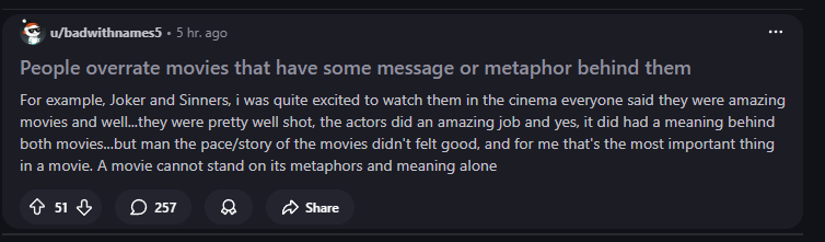 Redditors shouldn't be allowed to discuss films that aren't marvel slop