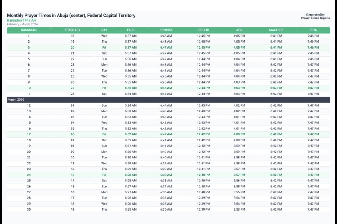 ABUJA Ramadan prayer time table.