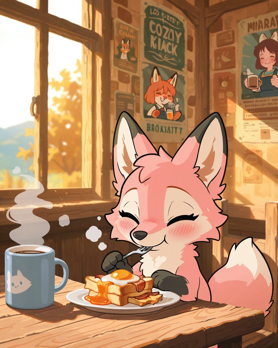 Breakfast is served! What’s your favorite morning meal? 🍳 #furryart #digitalart #cozyart #AIart