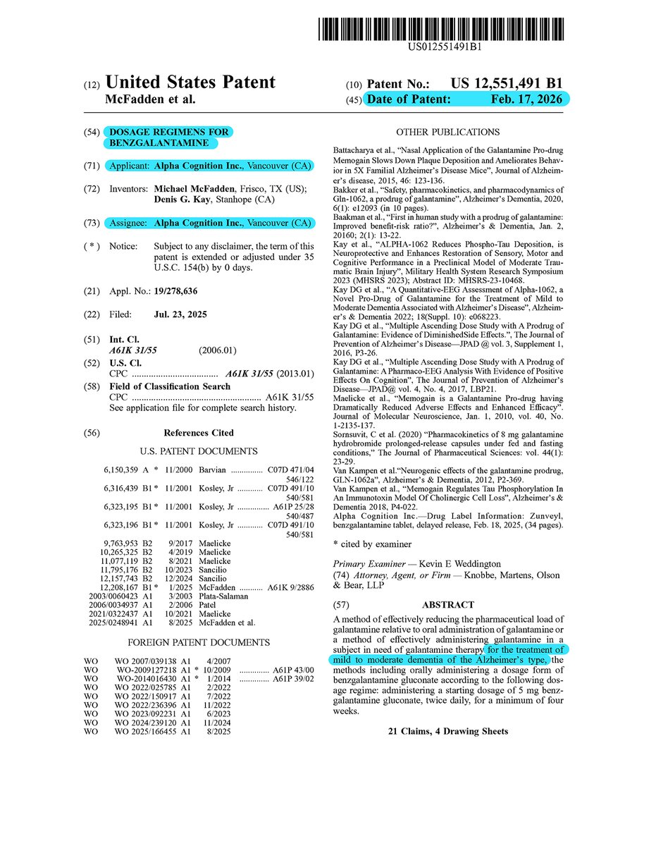 PatentAlerts4's tweet photo. $ACOG Alpha Cognition has been granted U.S. Patent No. 12,551,491 titled “Dosage Regimens for Benzgalantamine.” The patent is “for the treatment of mild to moderate dementia of the Alzheimer’s type.”
https://t.co/hVpZTPApqN https://t.co/lFSc2rDNPN