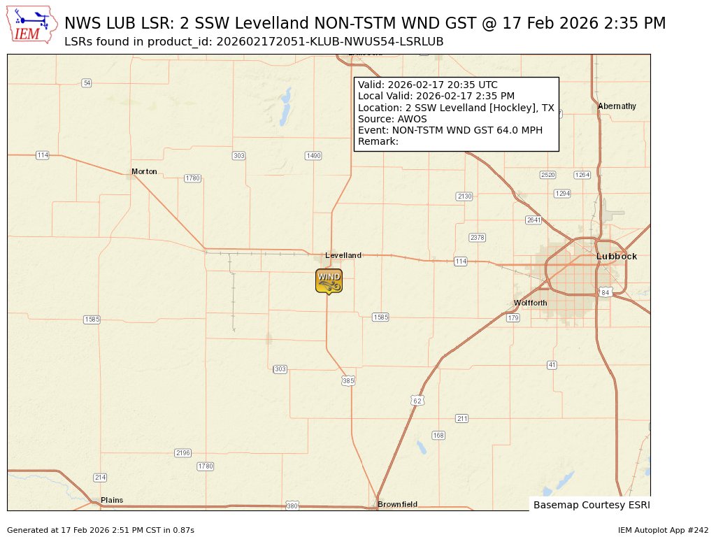 At 2:35 PM CST, 2 SSW Levelland [Hockley Co, TX] AWOS reports Non-Tstm Wnd Gst of M64 MPH #txwx mesonet.agron.iastate.edu/lsr/?by=wfo&wf…