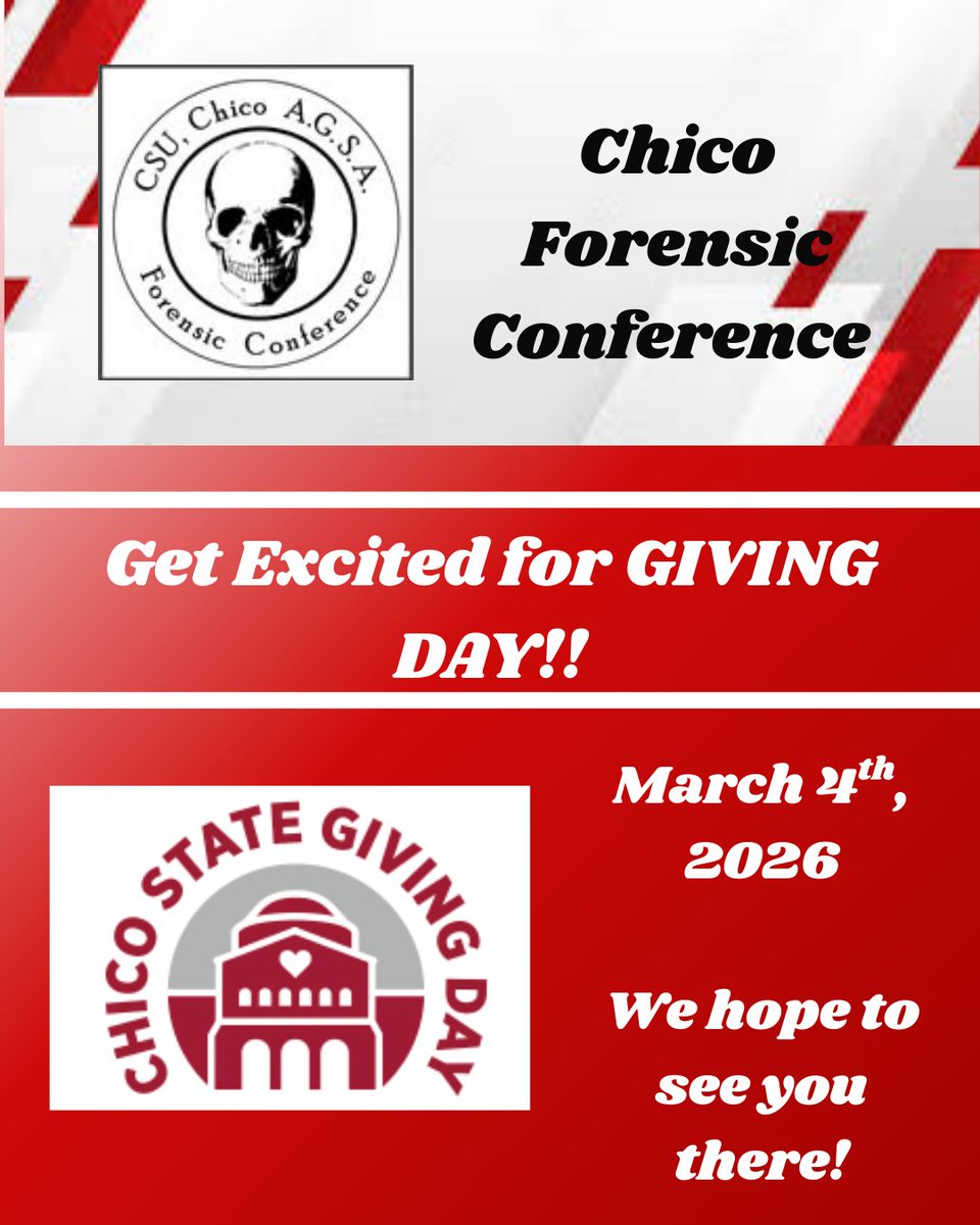 ChicoForensicCo's tweet photo. We are happy to announce that once again the Chico Forensic Conference for Fall 2026 will be are participating in Chico State's Giving Day, March 4th, 2026!

Thank you to everyone who donates as well as anyone who takes the time to look over our page! 

https://t.co/0RsGAMvIcW https://t.co/3wz2ZivuXN