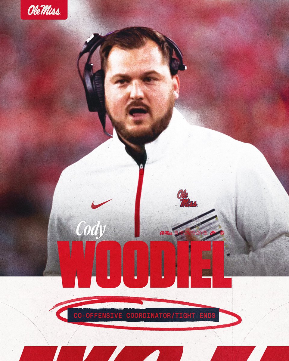 OleMissFB's tweet image. Welcome to Oxford @CoachWoodiel‼️

Ole Miss officially hires Cody Woodiel as Co-Offensive Coordinator/Tight Ends Coach

#HottyToddy